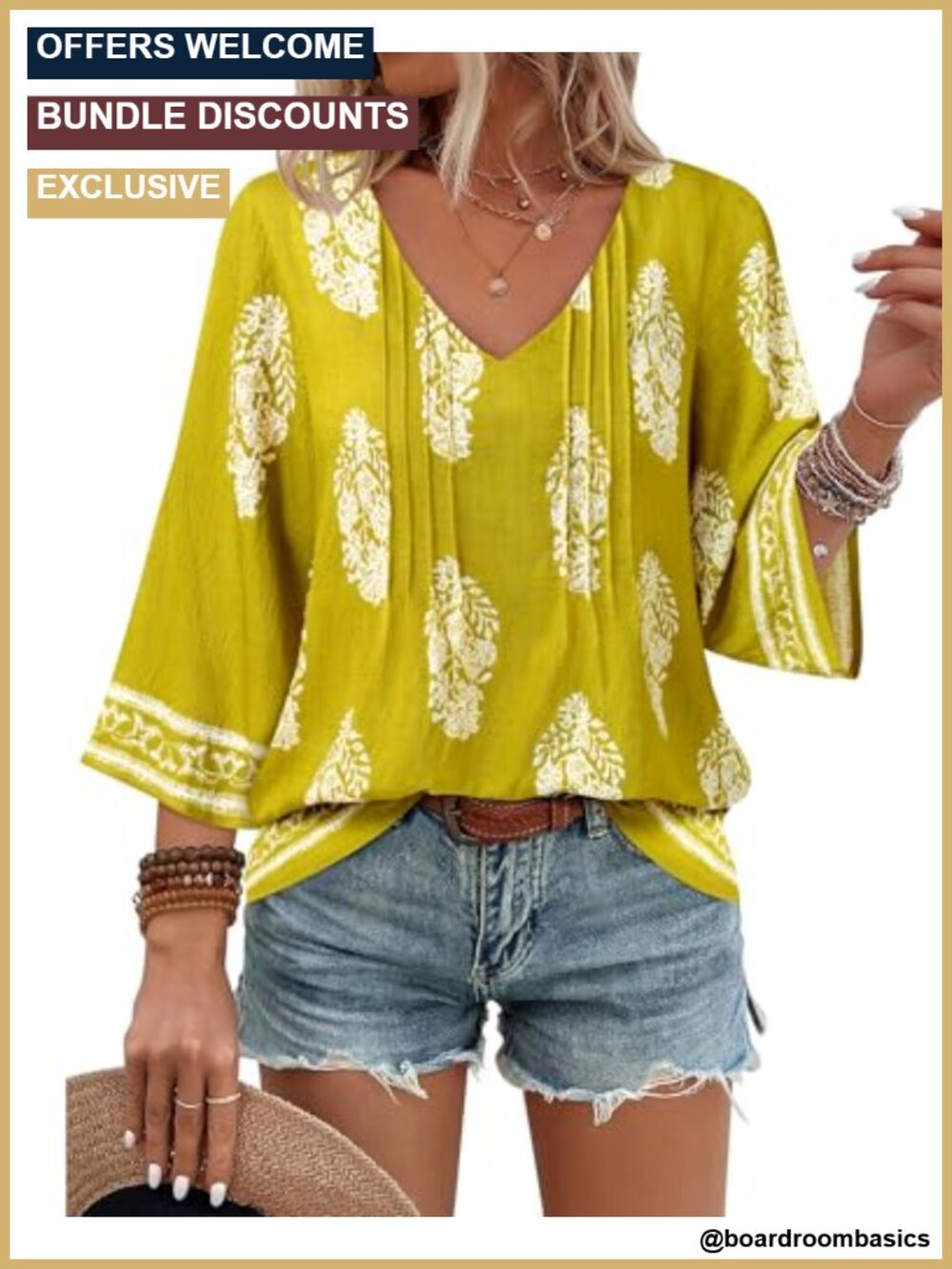 Womens V Neck 3/4 Sleeve Boho Floral Tunic Blouse Loose Fit